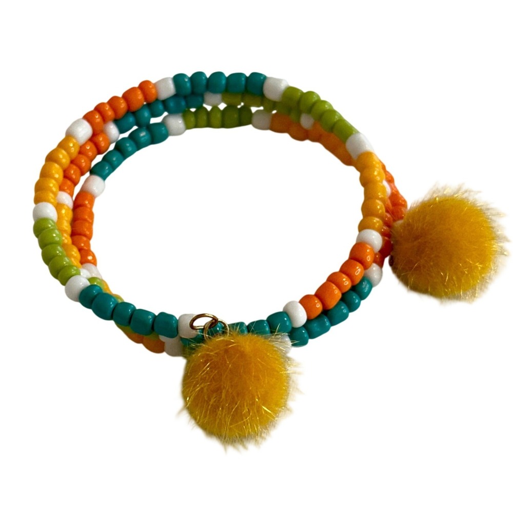 Handcrafted Beaded Wrap Bracelet Multi Color Seed Bead Yellow Pom Pom Charm NEW